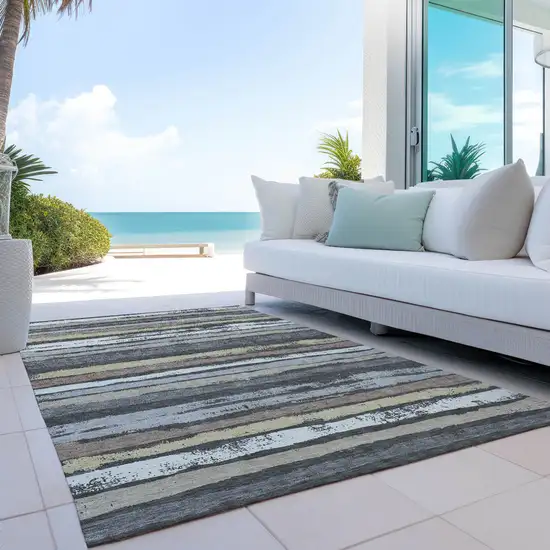 Charcoal Beige And Brown Striped Washable Indoor Outdoor Area Rug Photo 9