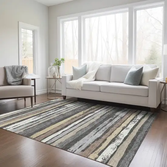 Charcoal Beige And Brown Striped Washable Indoor Outdoor Area Rug Photo 9
