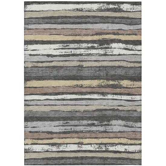 Charcoal Beige And Brown Striped Washable Indoor Outdoor Area Rug Photo 2