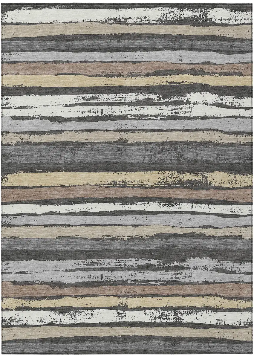 Charcoal Beige And Brown Striped Washable Indoor Outdoor Area Rug Photo 2
