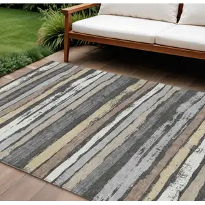Photo of Charcoal Beige And Brown Striped Washable Indoor Outdoor Area Rug