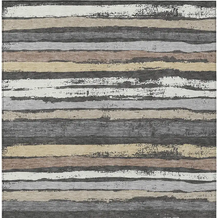 Charcoal Beige And Brown Striped Washable Indoor Outdoor Area Rug Photo 6