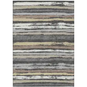 Photo of Charcoal Beige And Brown Striped Washable Indoor Outdoor Area Rug
