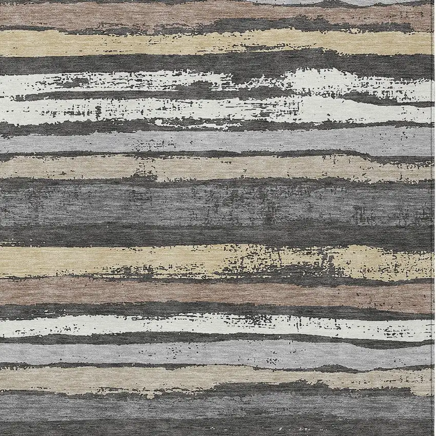 Charcoal Beige And Brown Striped Washable Indoor Outdoor Area Rug Photo 5
