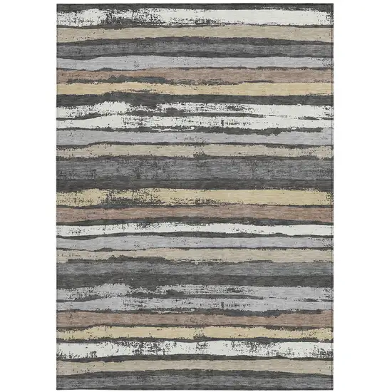 Charcoal Beige And Brown Striped Washable Indoor Outdoor Area Rug Photo 6