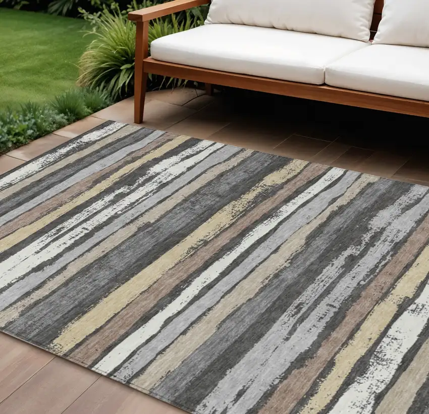 Charcoal Beige And Brown Striped Washable Indoor Outdoor Area Rug Photo 1