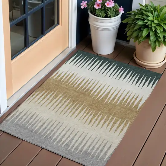 Charcoal Beige And Brown Striped Washable Indoor Outdoor Area Rug Photo 1