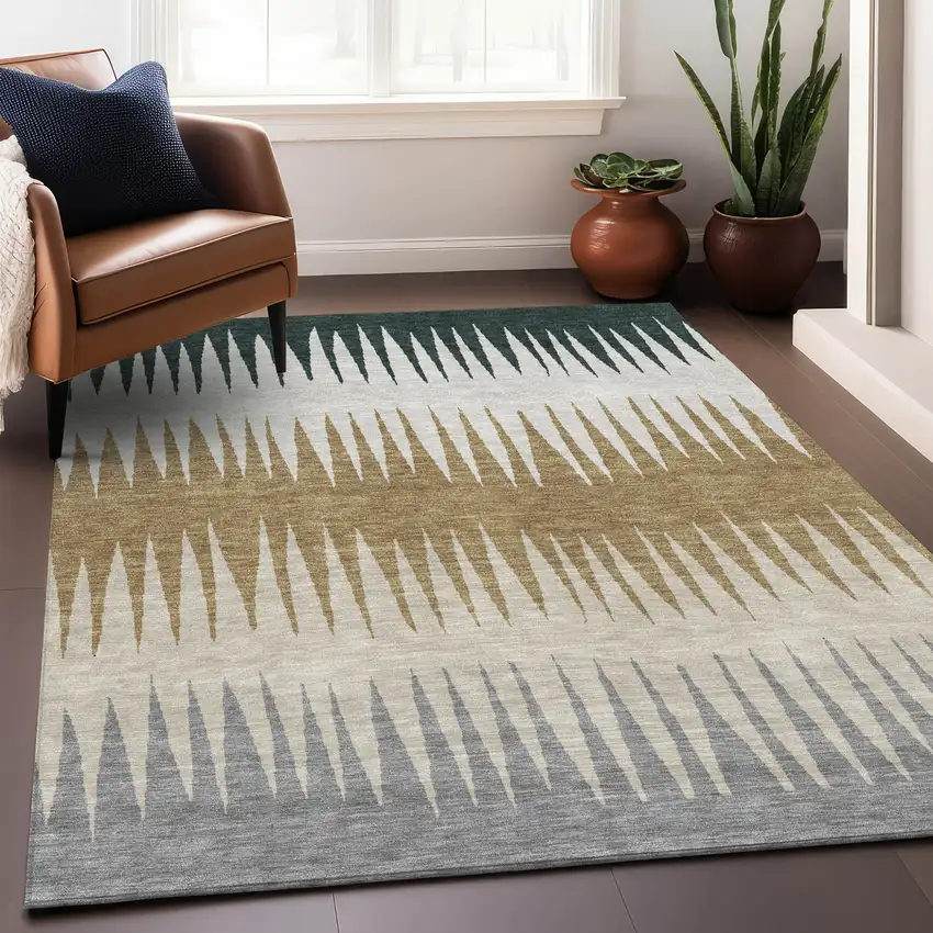 Charcoal Beige And Brown Striped Washable Indoor Outdoor Area Rug Photo 9