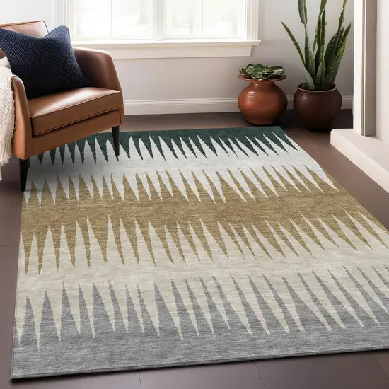 Charcoal Beige And Brown Striped Washable Indoor Outdoor Area Rug Photo 9