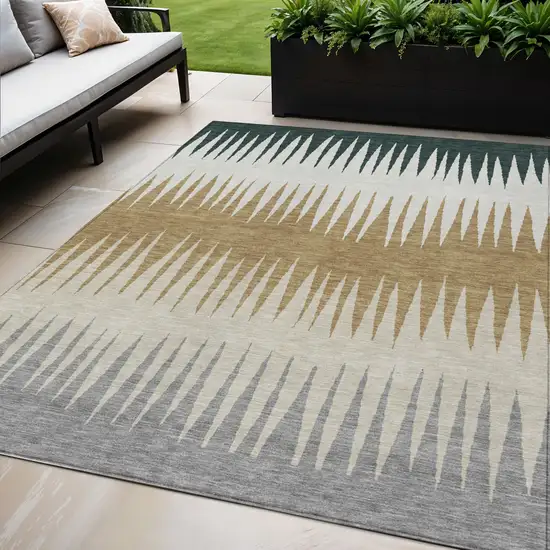 Charcoal Beige And Brown Striped Washable Indoor Outdoor Area Rug Photo 1