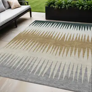 Photo of Charcoal Beige And Brown Striped Washable Indoor Outdoor Area Rug