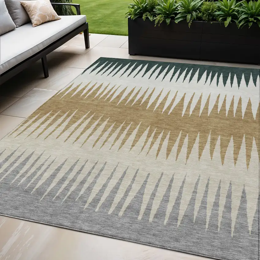 Charcoal Beige And Brown Striped Washable Indoor Outdoor Area Rug Photo 1