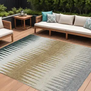 Photo of Charcoal Beige And Brown Striped Washable Indoor Outdoor Area Rug
