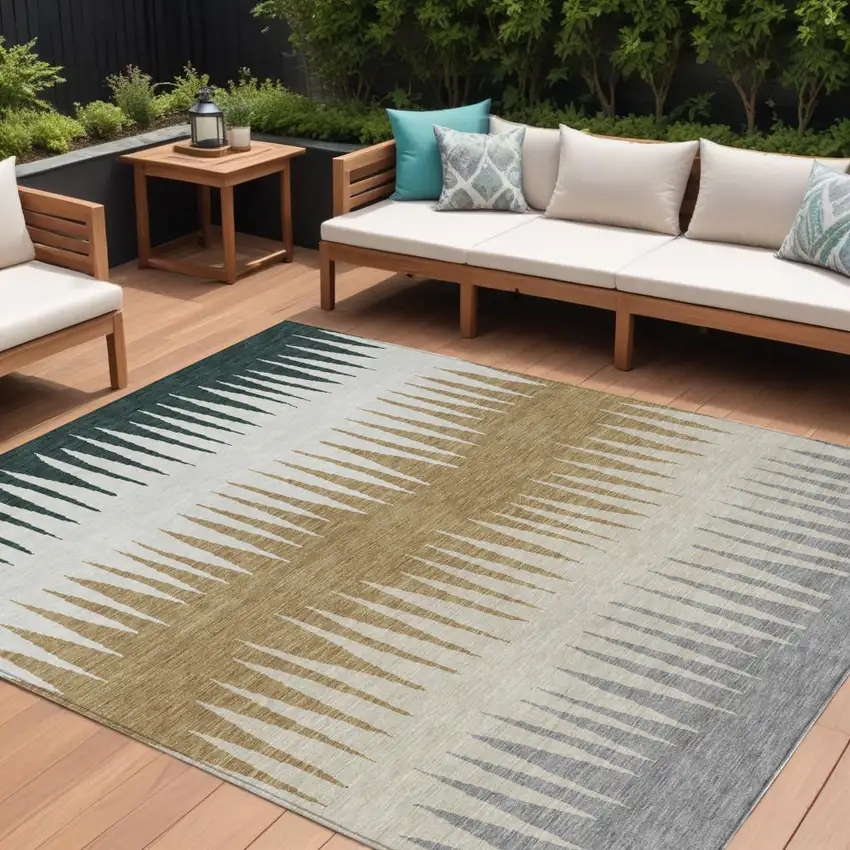 Charcoal Beige And Brown Striped Washable Indoor Outdoor Area Rug Photo 1