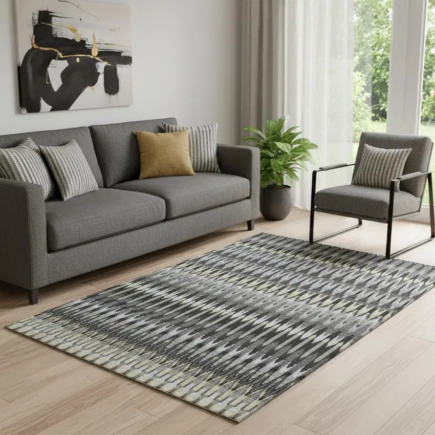 Charcoal Beige And Gray Southwestern Washable Area Rug With UV Protection Photo 1