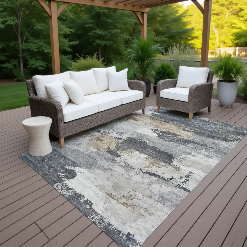 Charcoal Beige And Ivory Abstract Washable Indoor Outdoor Area Rug Photo 7