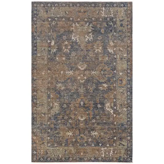 Charcoal Beige And Ivory Wool Oriental Hand Carved Handmade Area Rug Photo 1