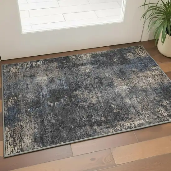 Charcoal Blue And Beige Abstract Washable Area Rug With UV Protection Photo 2
