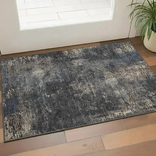 Charcoal Blue And Beige Abstract Washable Area Rug With UV Protection Photo 1