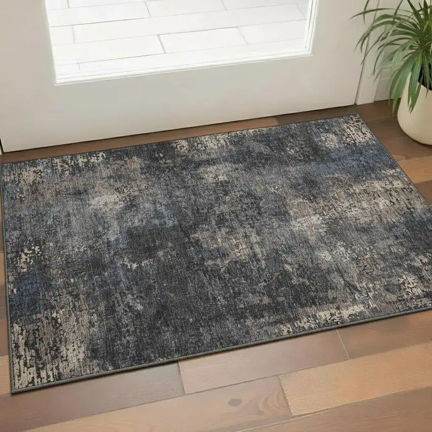Charcoal Blue And Beige Abstract Washable Area Rug With UV Protection Photo 1