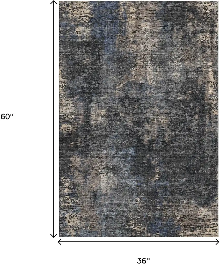 Charcoal Blue And Beige Abstract Washable Area Rug With UV Protection Photo 3