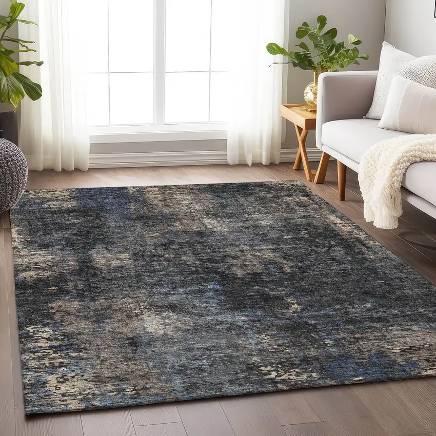 Charcoal Blue And Beige Abstract Washable Area Rug With UV Protection Photo 6