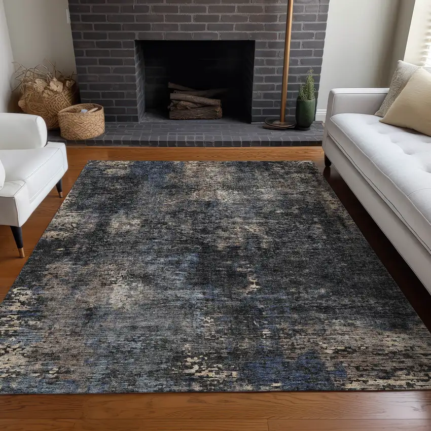 Charcoal Blue And Beige Abstract Washable Area Rug With UV Protection Photo 5