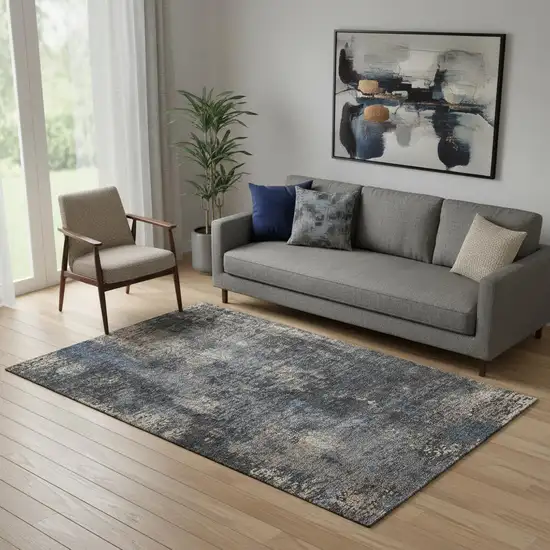Charcoal Blue And Beige Abstract Washable Area Rug With UV Protection Photo 1