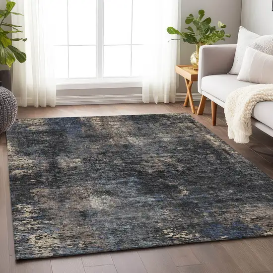 Charcoal Blue And Beige Abstract Washable Area Rug With UV Protection Photo 6