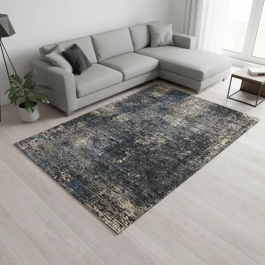 Charcoal Blue And Beige Abstract Washable Area Rug With UV Protection Photo 2