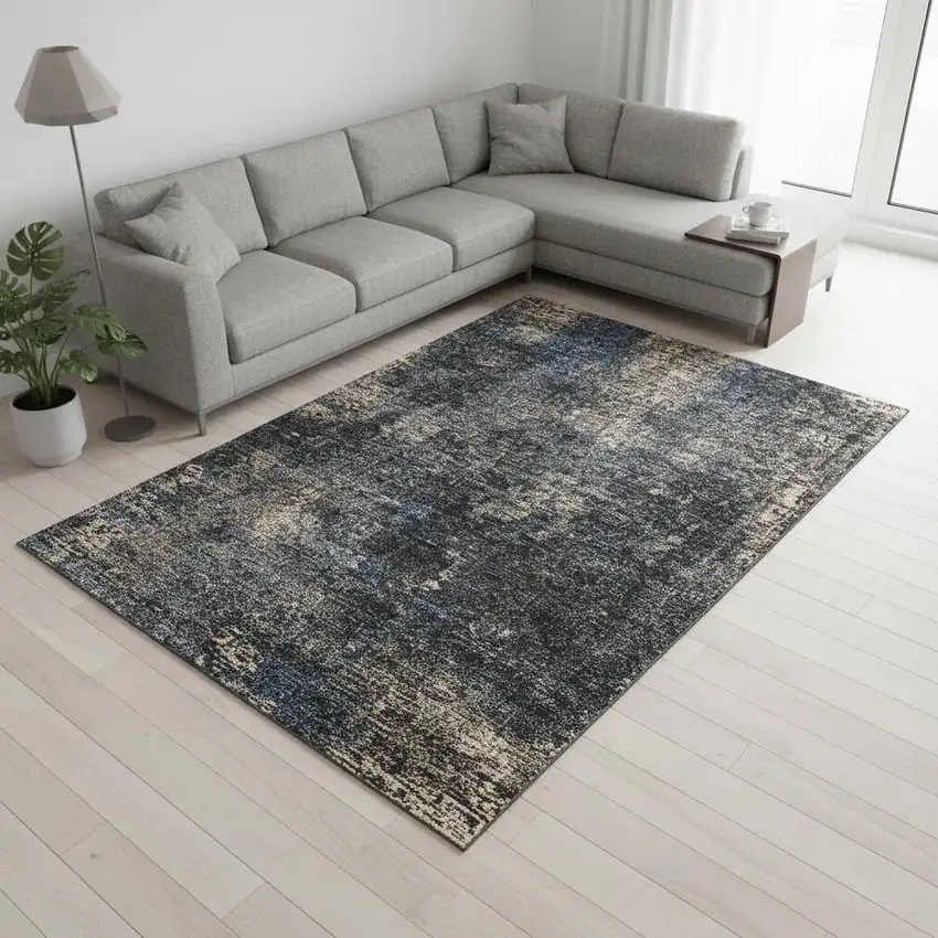 Charcoal Blue And Beige Abstract Washable Area Rug With UV Protection Photo 2