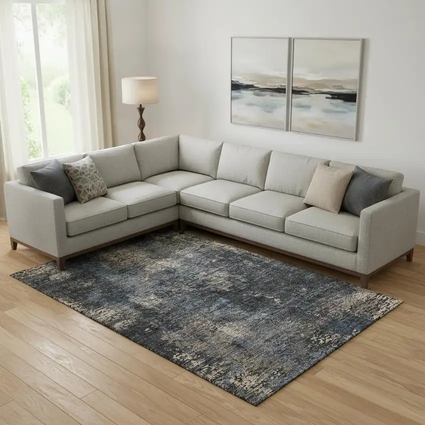 Charcoal Blue And Beige Abstract Washable Area Rug With UV Protection Photo 1