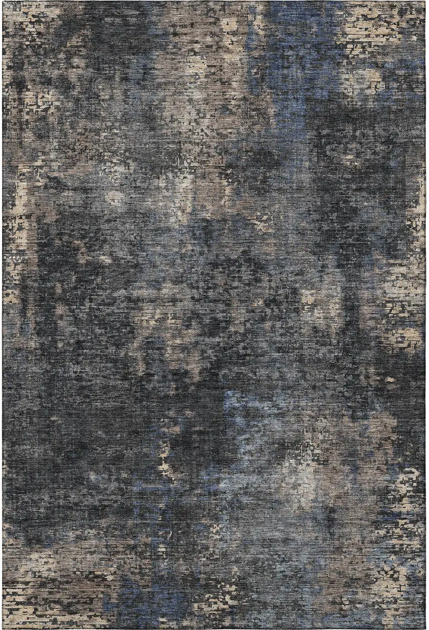 Charcoal Blue And Beige Abstract Washable Area Rug With UV Protection Photo 4