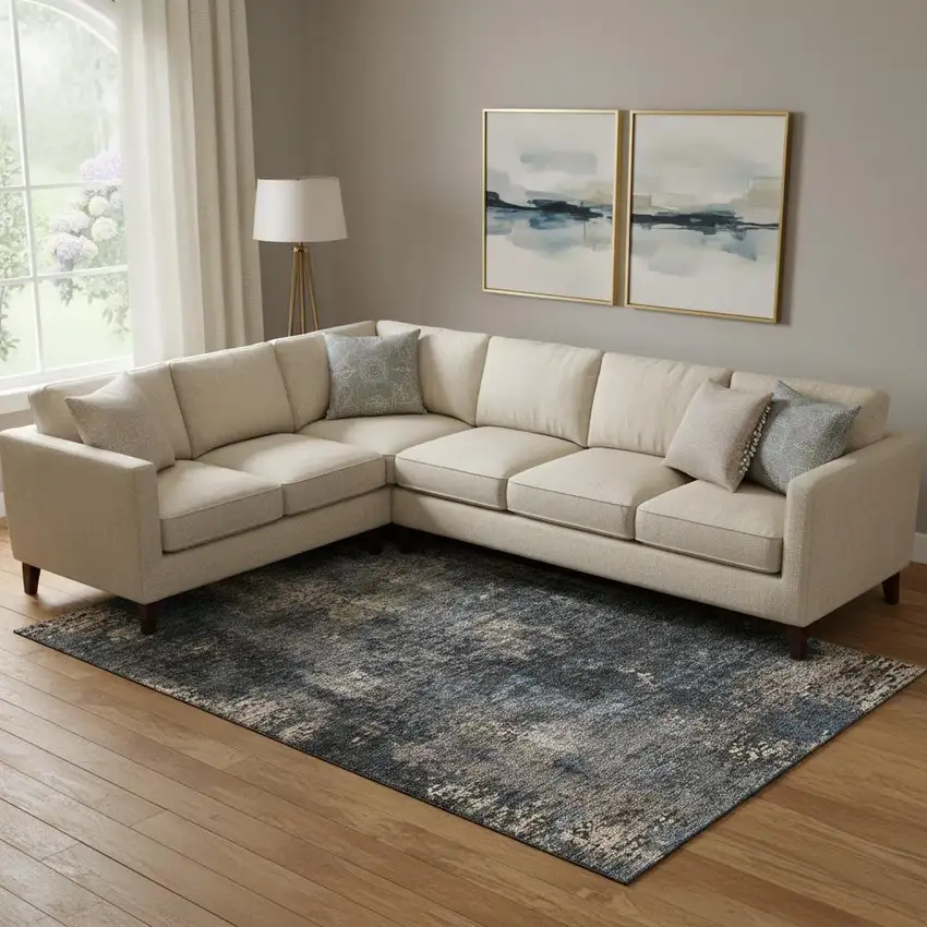 Charcoal Blue And Beige Abstract Washable Area Rug With UV Protection Photo 1