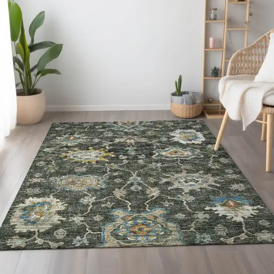 Charcoal Blue And Gold Floral Medallion Washable Area Rug With UV Protection Photo 5