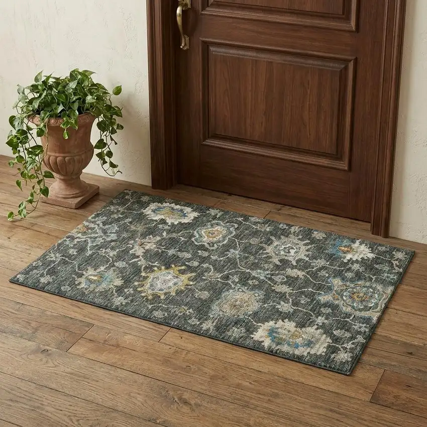 Charcoal Blue And Gold Floral Medallion Distressed Washable Area Rug With UV Protection Photo 1
