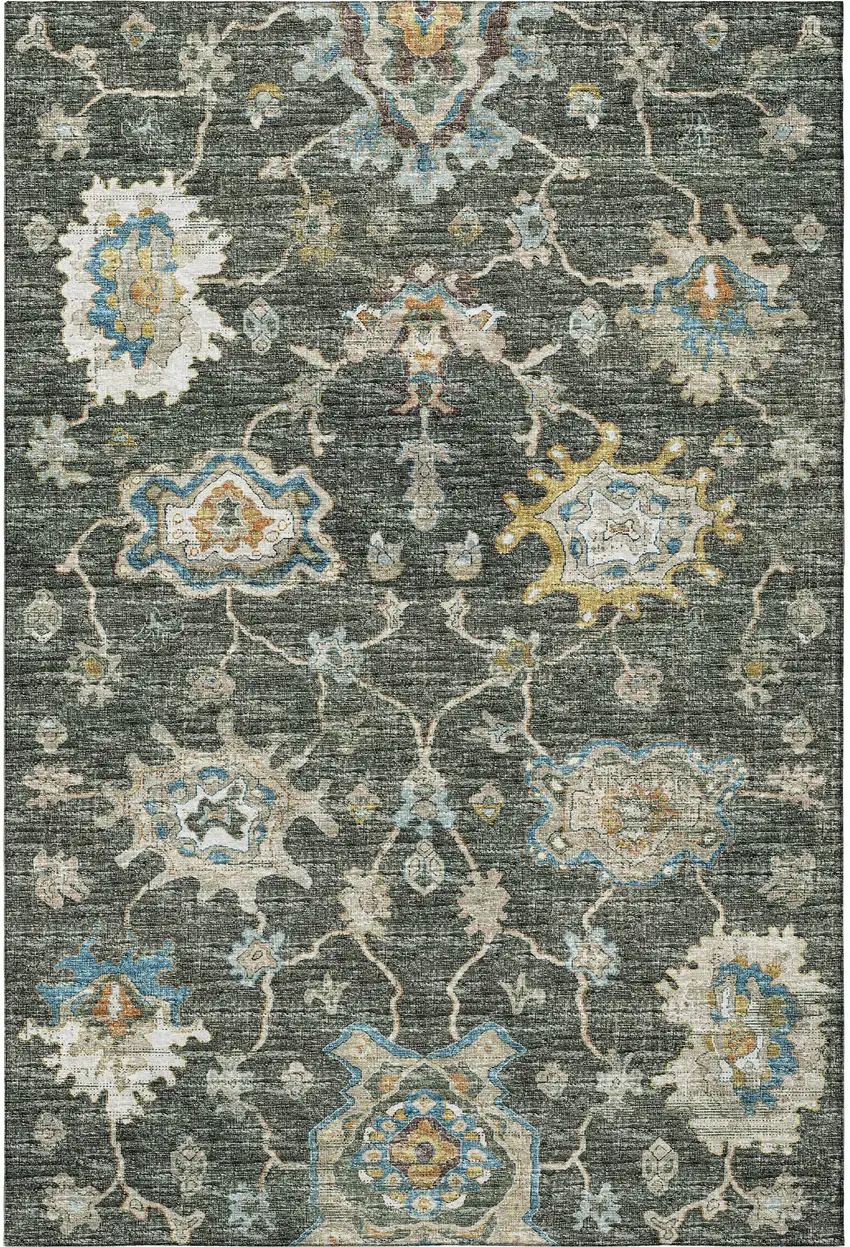 Charcoal Blue And Gold Floral Medallion Washable Area Rug With UV Protection Photo 4