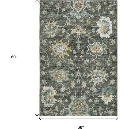 Charcoal Blue And Gold Floral Medallion Washable Area Rug With UV Protection Photo 3