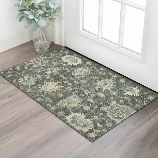 Charcoal Blue And Gold Floral Medallion Washable Area Rug With UV Protection Photo 1