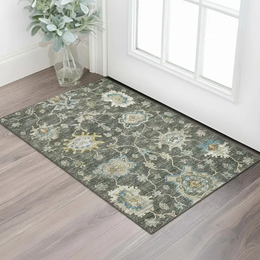 Charcoal Blue And Gold Floral Medallion Washable Area Rug With UV Protection Photo 1