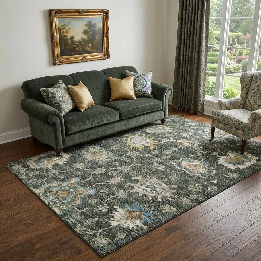 Charcoal Blue And Gold Floral Medallion Distressed Washable Area Rug With UV Protection Photo 1