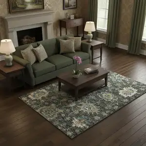 Photo of Charcoal Blue And Gold Floral Medallion Washable Area Rug With UV Protection