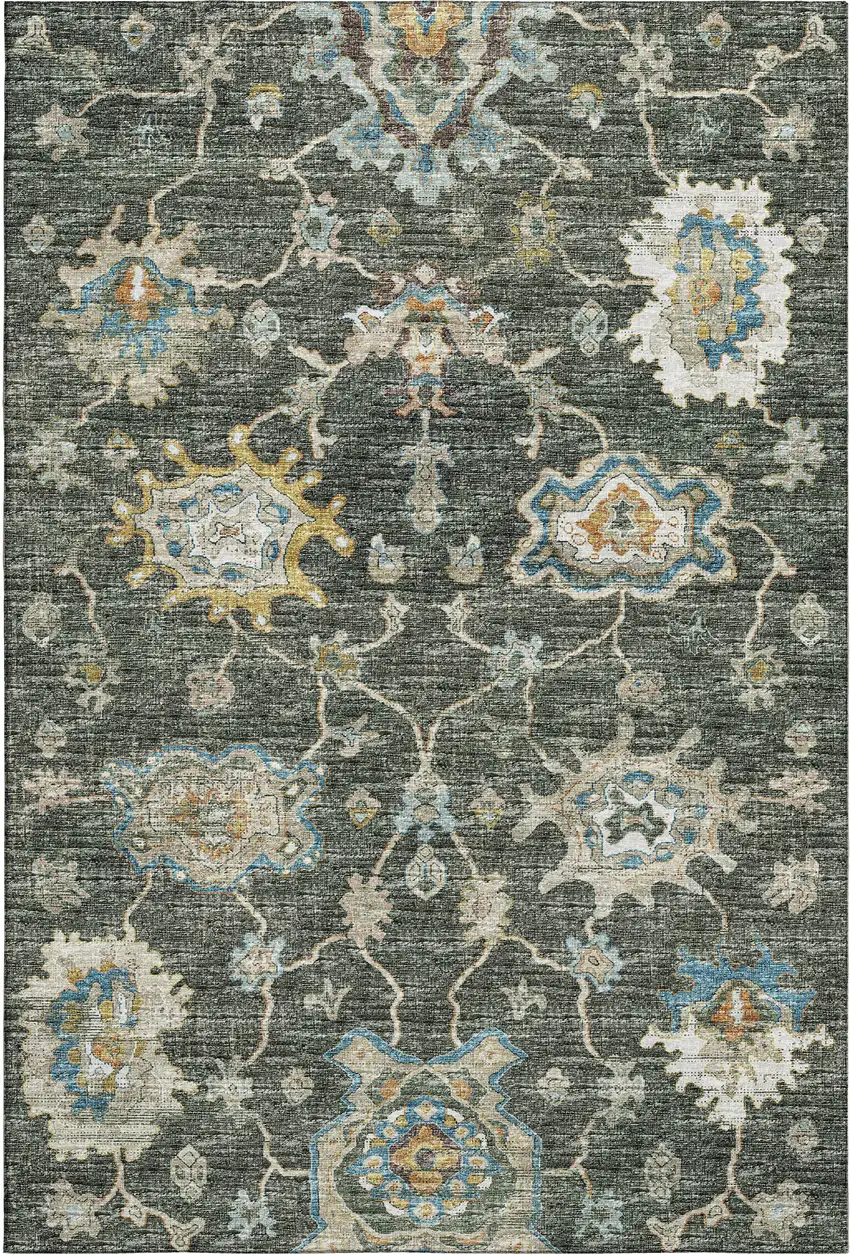Charcoal Blue And Gold Floral Medallion Washable Area Rug With UV Protection Photo 2