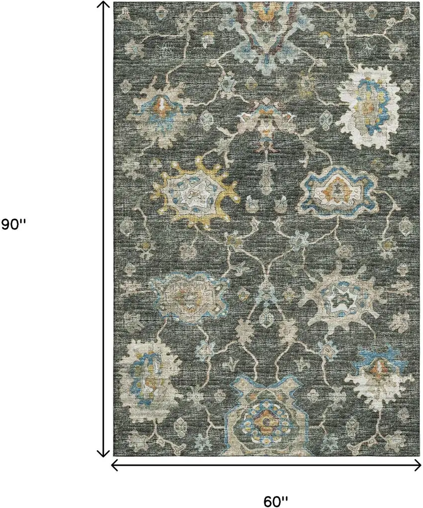 Charcoal Blue And Gold Floral Medallion Washable Area Rug With UV Protection Photo 3