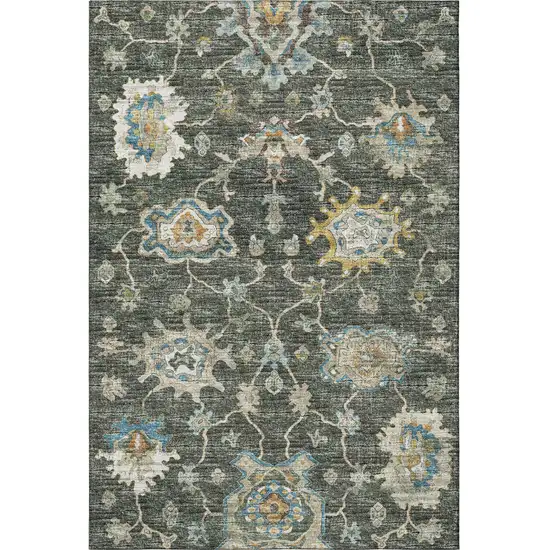 Charcoal Blue And Gold Floral Medallion Washable Area Rug With UV Protection Photo 4