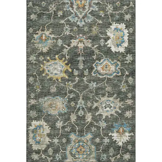 Charcoal Blue And Gold Floral Medallion Washable Area Rug With UV Protection Photo 1