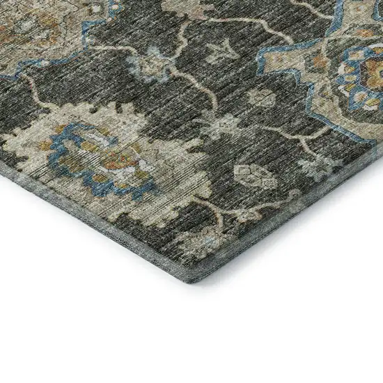 Charcoal Blue And Gold Floral Medallion Washable Area Rug With UV Protection Photo 6