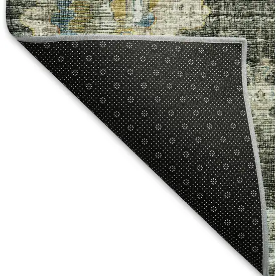 Charcoal Blue And Gold Floral Medallion Washable Area Rug With UV Protection Photo 5