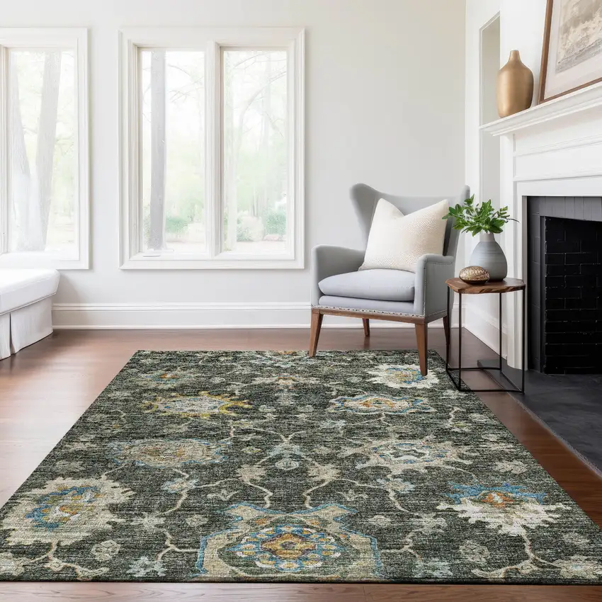 Charcoal Blue And Gold Floral Medallion Washable Area Rug With UV Protection Photo 4