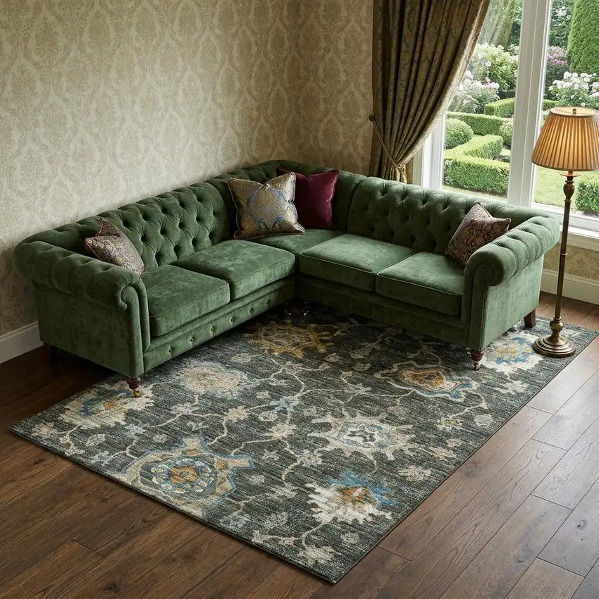 Charcoal Blue And Gold Floral Medallion Distressed Washable Area Rug With UV Protection Photo 1